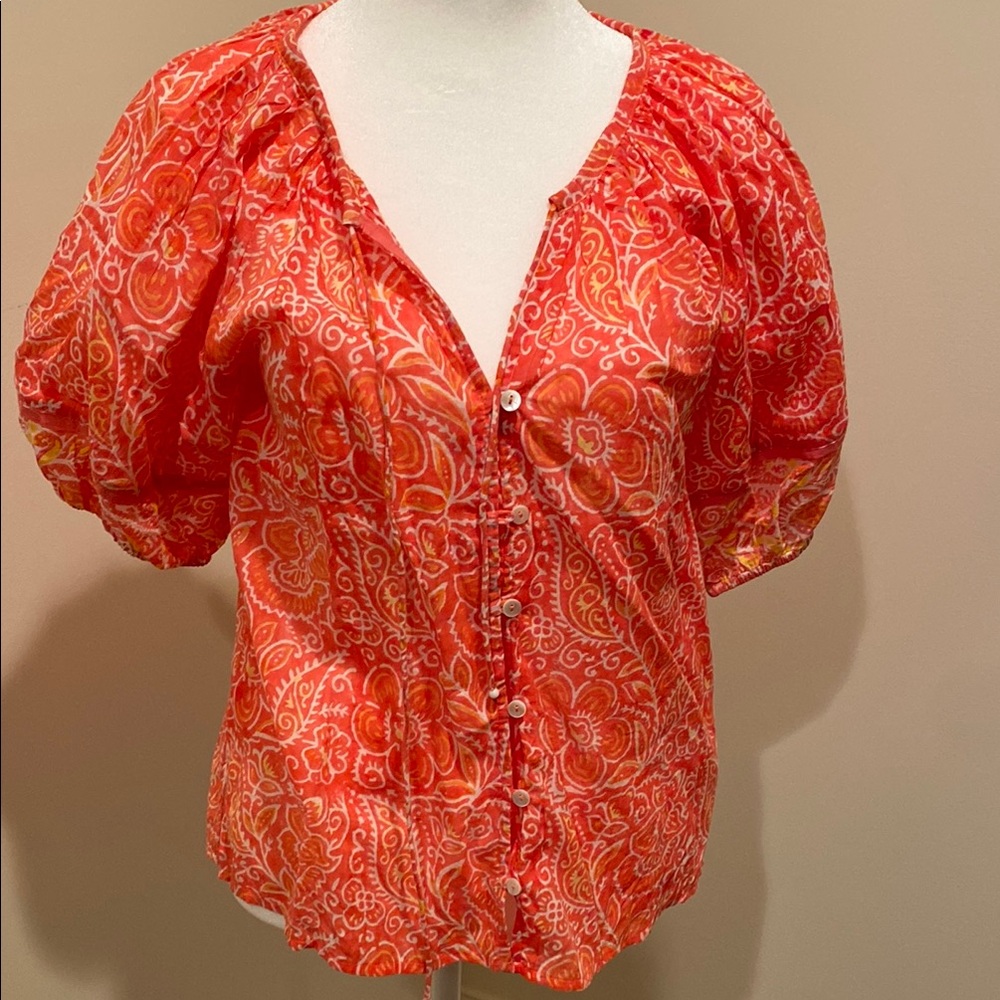 Orange Puff Sleeve Ruched Blouse